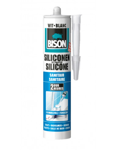 BISON Mastic Silicone Sanitaire Blanc - Mastic silicone résistant à l'eau  pour rendre étanches tous les joints sanitaires 300 ml