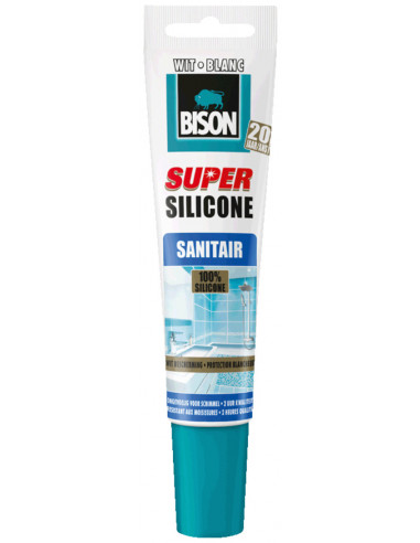 BISON SUPER SILICONE SANITAIRE Mastic silicone avec longue protection de la blancheur Blanc 150 ml