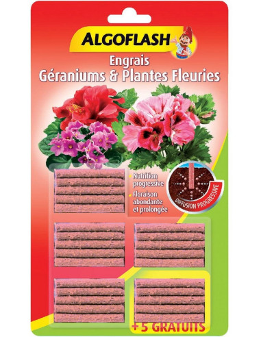 ALGOFLASH Bâtonnets Engrais Géraniums et Plantes Fleuries 25 pièces