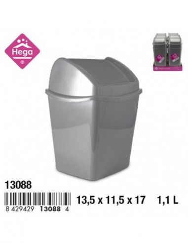 HOGAR 13088 Poubelle SEGRE plastique carrée basculante gris 1,1 L