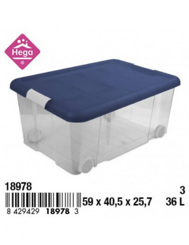 HOGAR 18978 Bac de rangement plastique Nº3 ECOFRIENDLY avec fermetures et roulettes bleu transparent 36 L