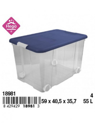 HOGAR 18981 Bac de rangement plastique Nº4 ECOFRIENDLY avec fermetures et roulettes bleu transparent 55 L