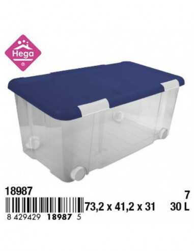 HOGAR 18987 Bac de rangement plastique Nº7 ECOFRIENDLY avec fermetures et roulettes bleu transparent 61 L