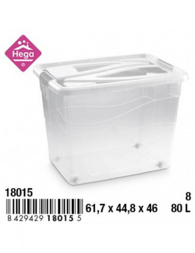 HOGAR 18015 Bac de rangement plastique Nº8 PISA avec fermetures et roulettes transparent 80 L