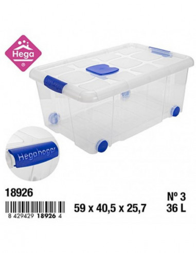 HOGAR 18926 Bac de rangement plastique Nº3 NEW BOX avec fermetures et roulettes bleu transparent 36 L