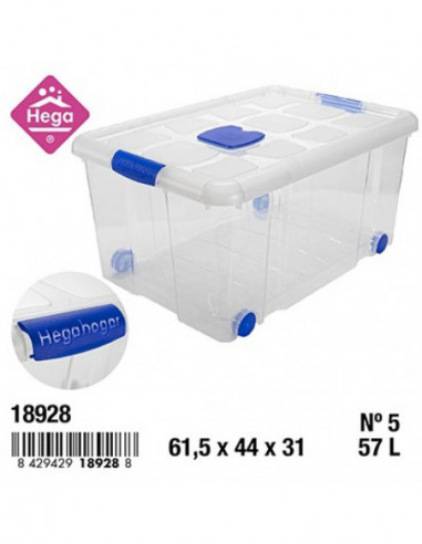 HOGAR 18928 Bac de rangement plastique  Nº5 NEW BOX avec fermetures et roulettes bleu transparent 57 L