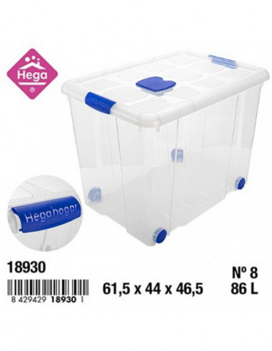 HOGAR 18930 Bac de rangement plastique  Nº8 NEW BOX avec fermetures et roulettes bleu transparent 86 L
