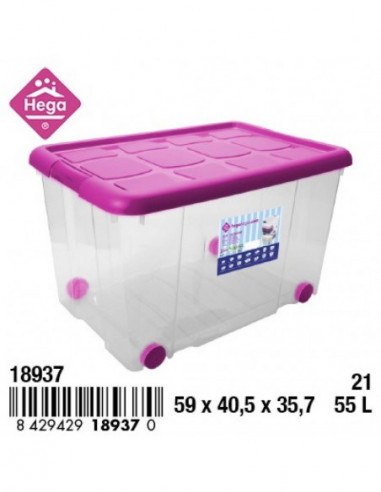 HOGAR 18937 Bac de rangement plastique  Nº21 NEW BOX avec fermetures et roulettes bleu transparent 55 L