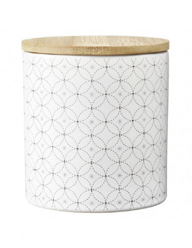 DIFFUSION 582017 Pot en céramique blanc à motif gris avec couvercle en bois - Ø9,5 x H.10,5 cm