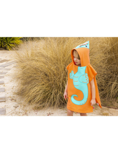 DIFFUSION 603687 Poncho de bain enfant FUNKY motif hippocampe bleu et orange - 50 x H.80 cm