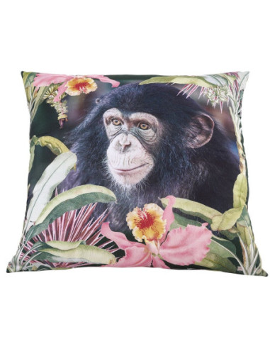 DIFFUSION 605549 Coussin carré multicolore motifs fleurs et tête de chimpanzé - 40 x 40 cm