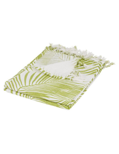 DIFFUSION 605547 Plaid à franges vert motif feuillage blanc - 125 x 150 cm