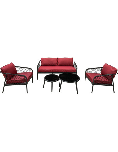 EVENSUN 40161 RED Ensemble salon de jardin rouge - 1 canapé, 2 fauteuils, 2 tables