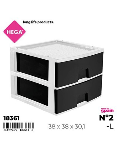 HOGAR 18361 Tour de rangement EIFFEL 2 tiroirs noir blanc - 38 x 38 x 30,1 cm