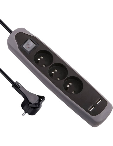 ELECTRALINE 35613 Bloc Multiprises 3 Prises + 2 USB avec Interrupteur et Fiche plate gris/noir - 2m