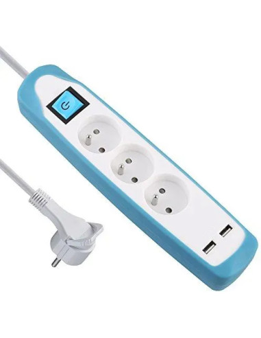 ELECTRALINE Bloc Multiprises 3 Prises + 2 USB avec Interrupteur et Fiche plate blanc/bleu - 2 m