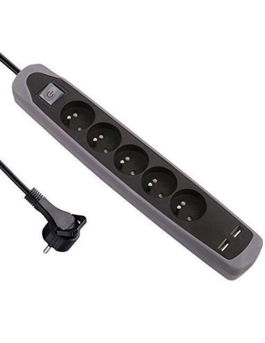 ELECTRALINE 35619 Bloc Multiprises 5 Prises + 2 USB avec Interrupteur et Fiche plate noir/gris - 2 m