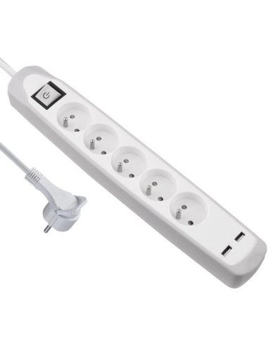 ELECTRALINE 35607 Bloc Multiprises 5 Prises + 2 USB avec Interrupteur et Fiche plate blanc/gris - 2 m