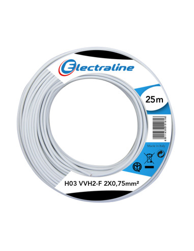 ELECTRALINE 60113028J Câble domestique H03VV-F blanc - 2 x 0,75 mm² - 25 m